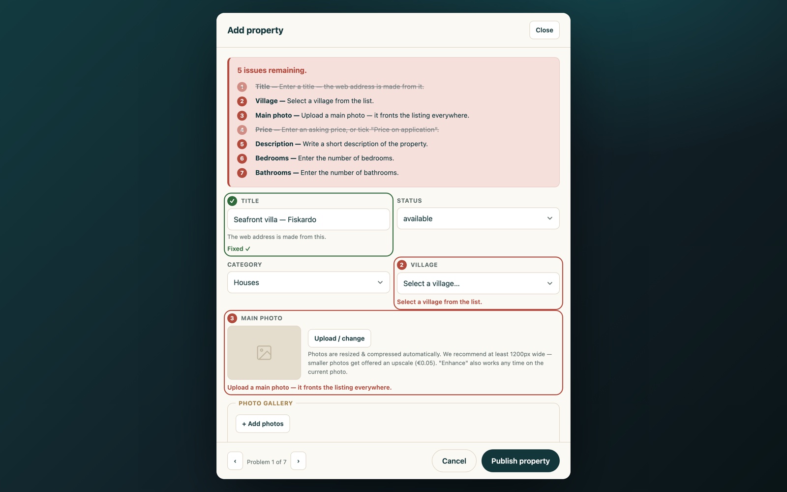 Guided publish validation: numbered issues beside each field, resolved live