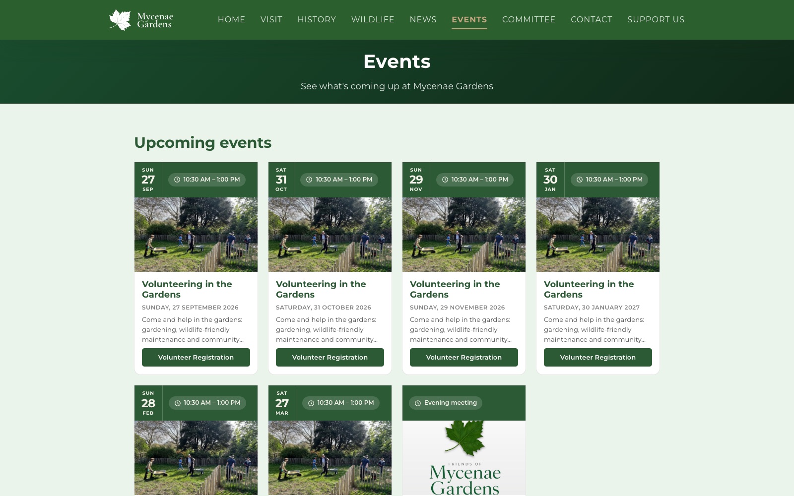The events page: volunteering day cards with date badges, times and registration buttons