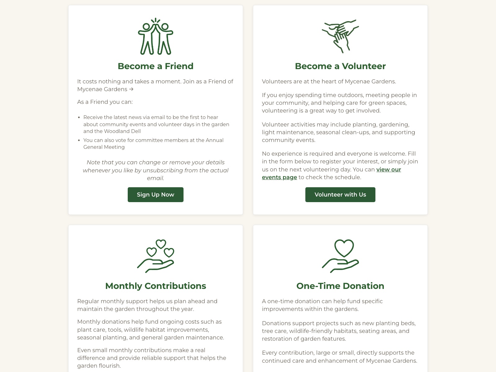 The Support Us page: Become a Friend, Become a Volunteer, Monthly Contributions and One-Time Donation cards