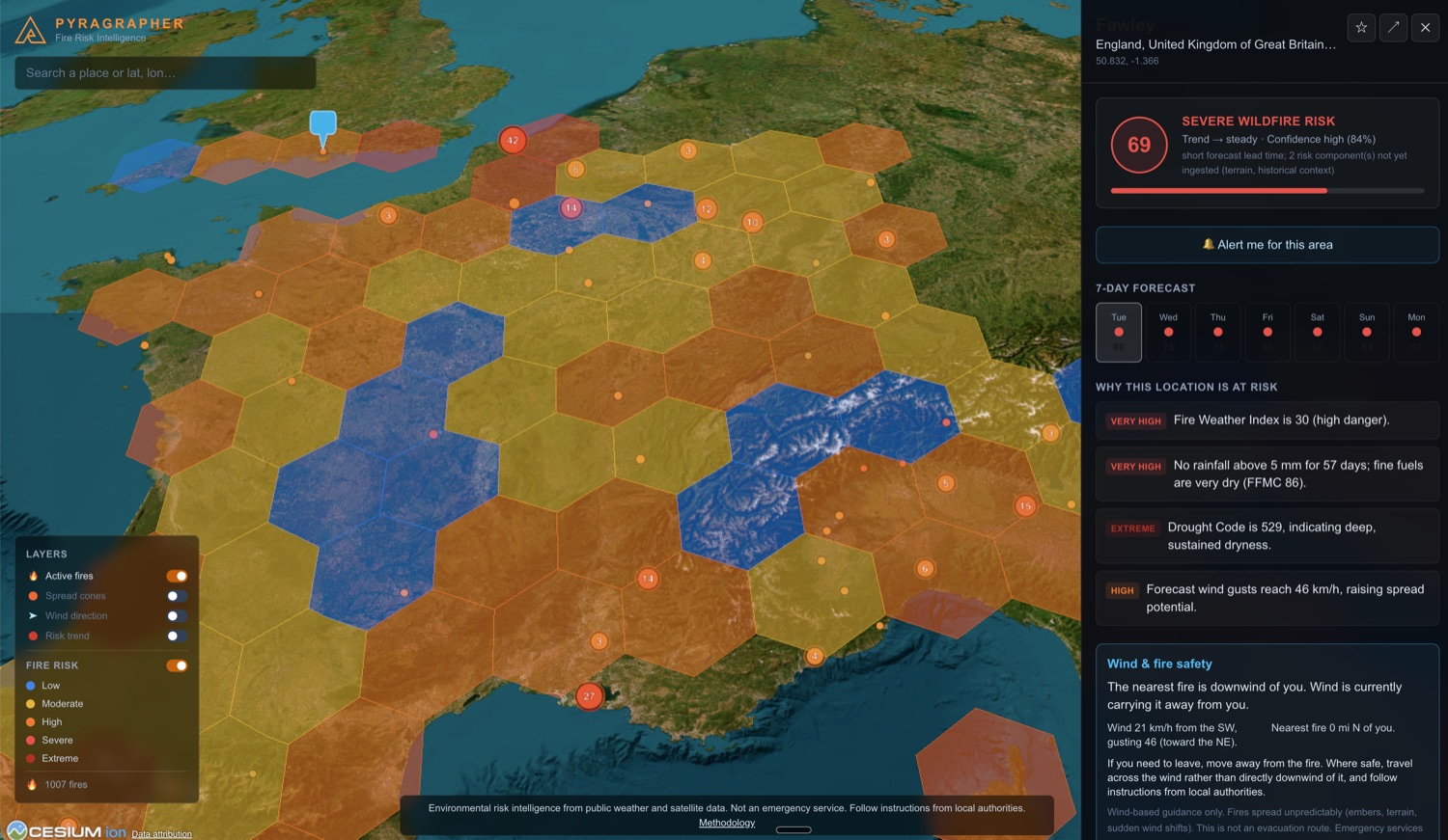 Pyragrapher, a wildfire early-warning map for southern Europe
