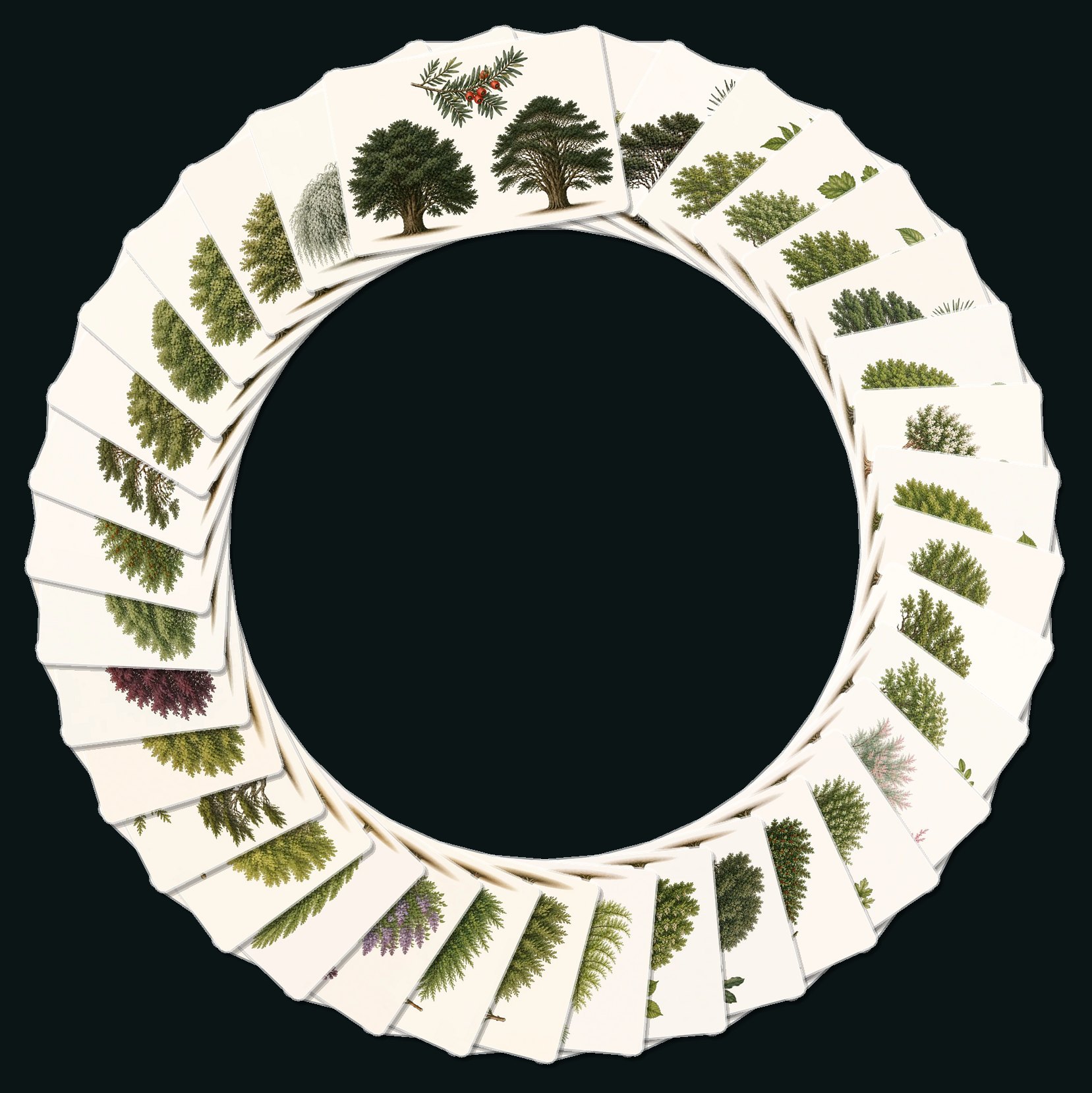 All thirty seven illustrated tree plates arranged in a circle